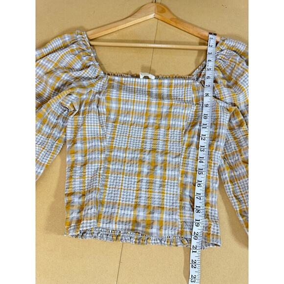 Maeve plaid square neck blouse neutral motif Cropped Puff Sleeve M Cottage Boho - Picture 11 of 11